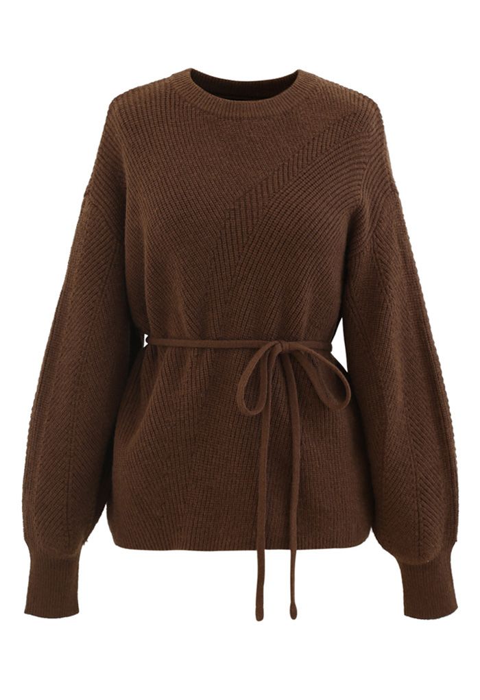 Pull en tricot côtelé confortable avec ficelle en marron