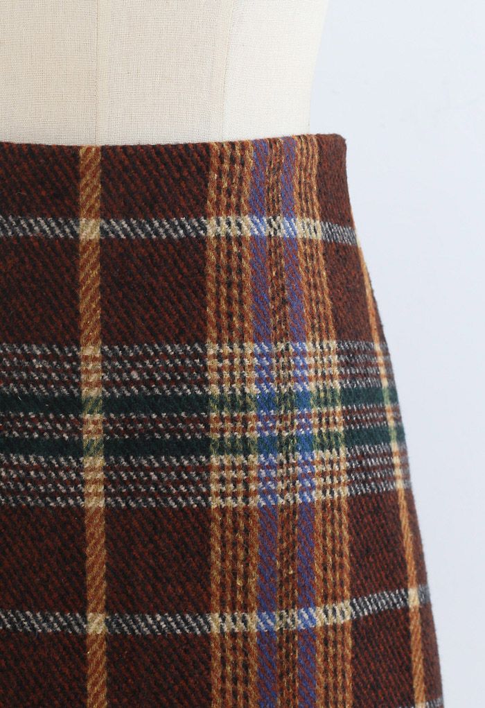 Mini-jupe classique en laine mélangée à carreaux en caramel