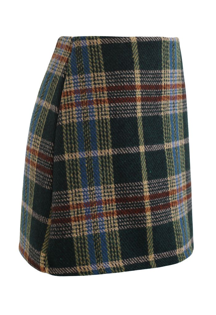 Mini-jupe classique en laine mélangée à carreaux en vert