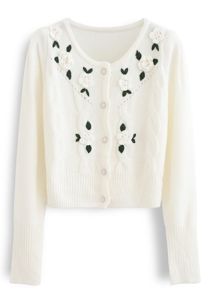 Cardigan en tricot boutonné à fleurs cousues en blanc
