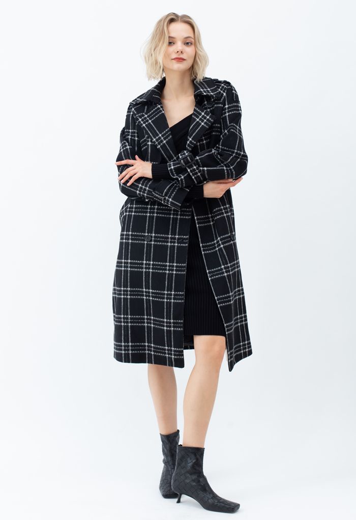 Manteau long en laine mélangée à carreaux noir avec ceinture