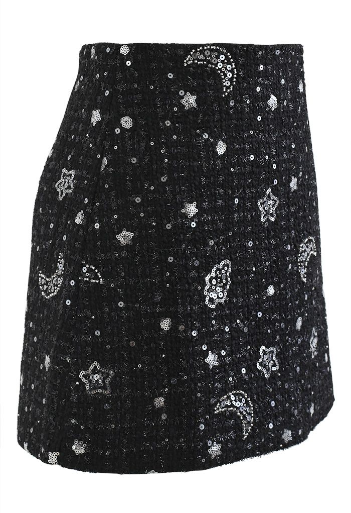 Mini-jupe en tweed lune et étoile à sequins
