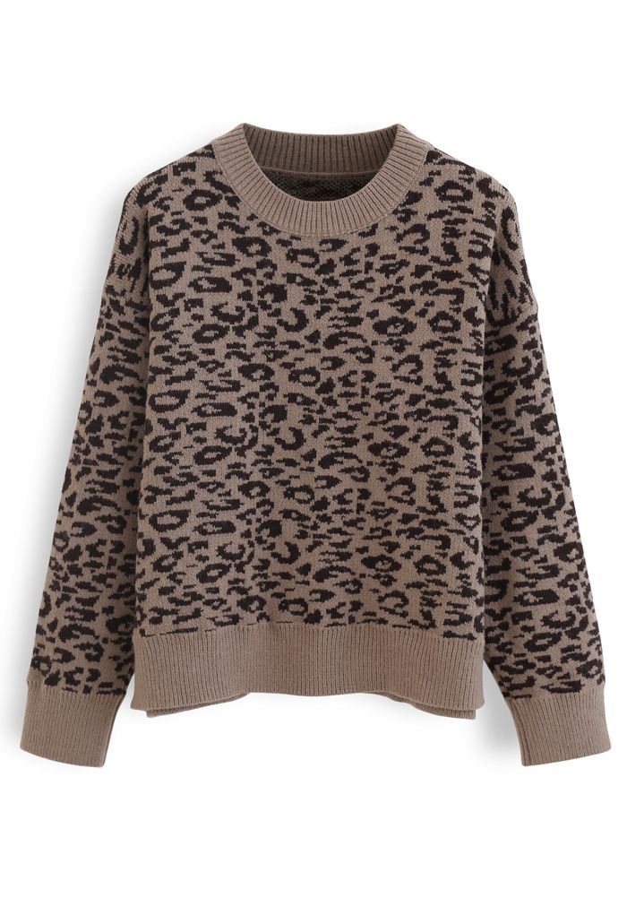 Pull en tricot à col rond et motif léopard en marron