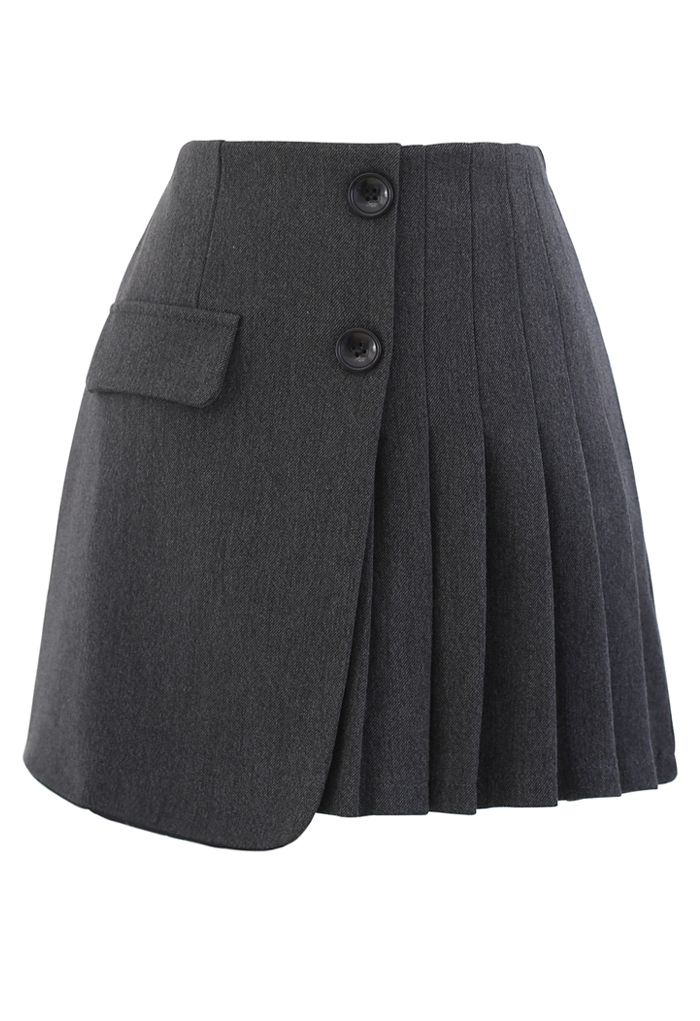Mini-jupe plissée à rabat boutonné en gris