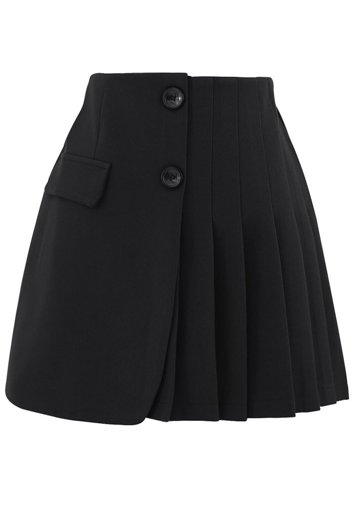 Mini-jupe plissée à rabat boutonné en noir