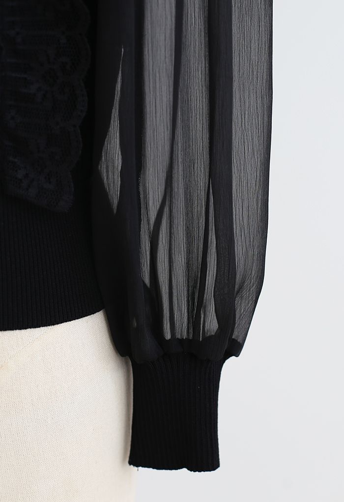 Haut en tricot à manches transparentes à col en V et dentelle en noir