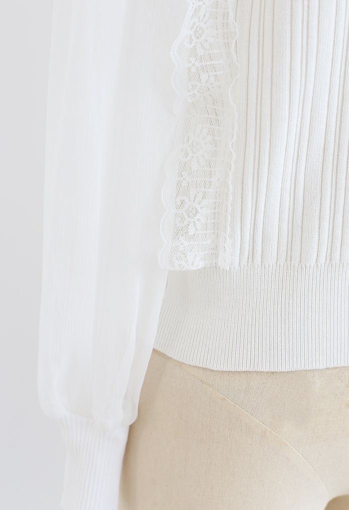 Haut en tricot à manches transparentes à col en V et dentelle en blanc