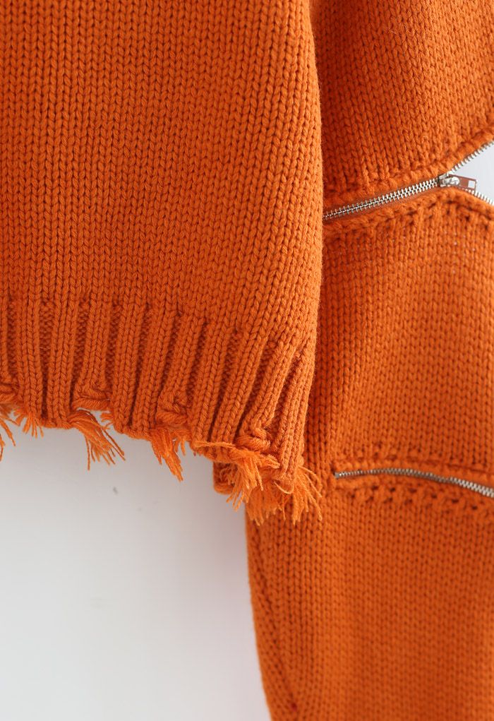 Pull court en tricot à col roulé et manches zippées en orange