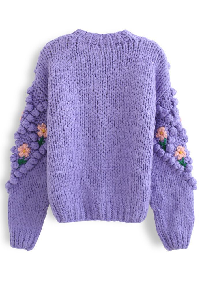 Cardigan tricoté à la main à pompons et diamants Stitch Floral en violet