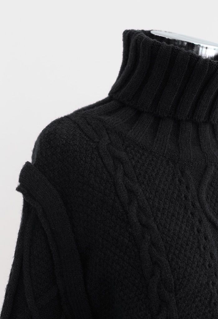 Pull court en tricot torsadé à col roulé et panneau en noir