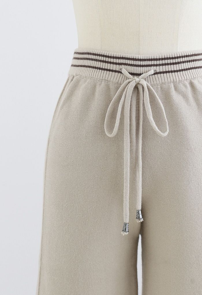 Pantalon en Tricot Côtelé à Cordon Contrasté sur le Côté en Sable