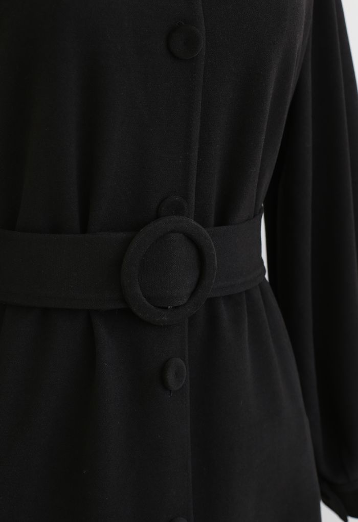 Robe Manteau Boutonnée à Ceinture et Col en Noir