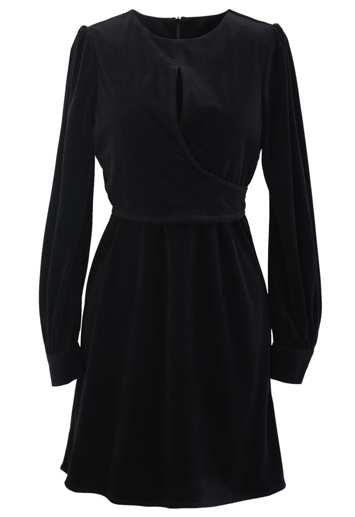 Mini robe portefeuille en velours côtelé à manches longues en noir