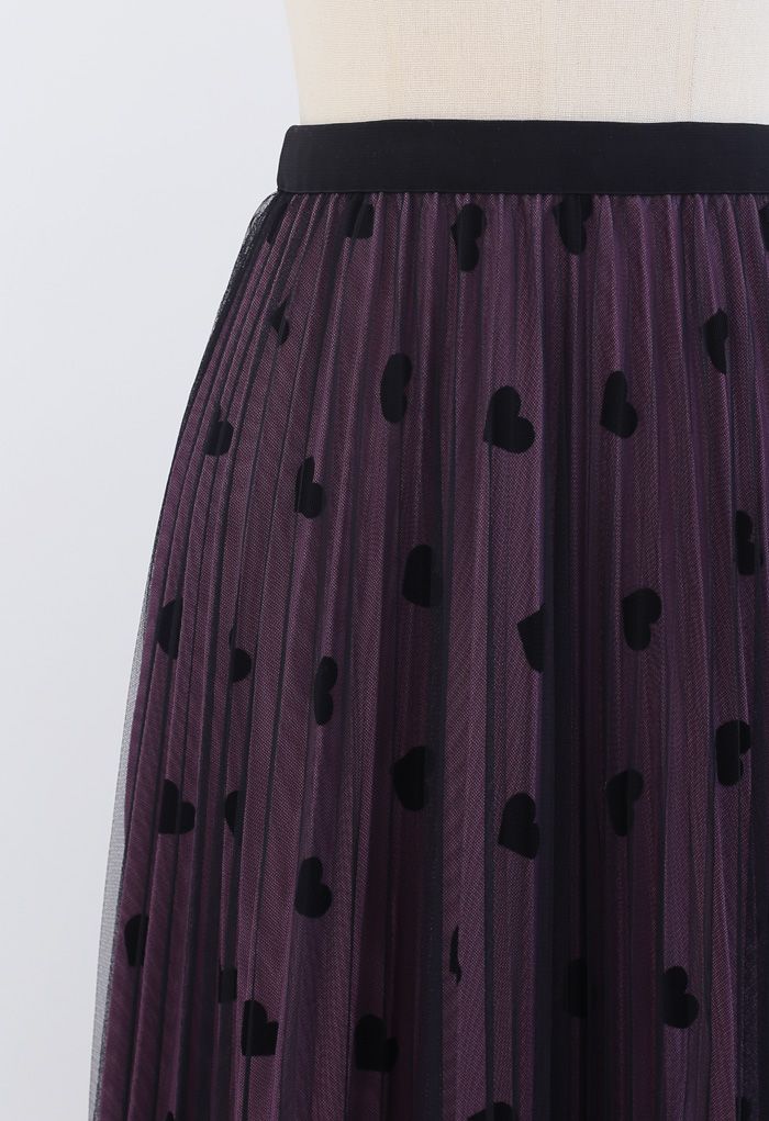 Jupe plissée à imprimé cœur superposé en maille en violet