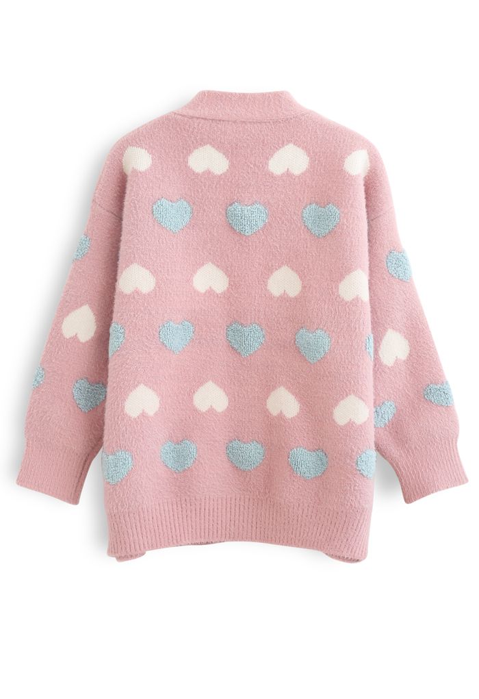 Cardigan boutonné en tricot à cœur pelucheux en rose