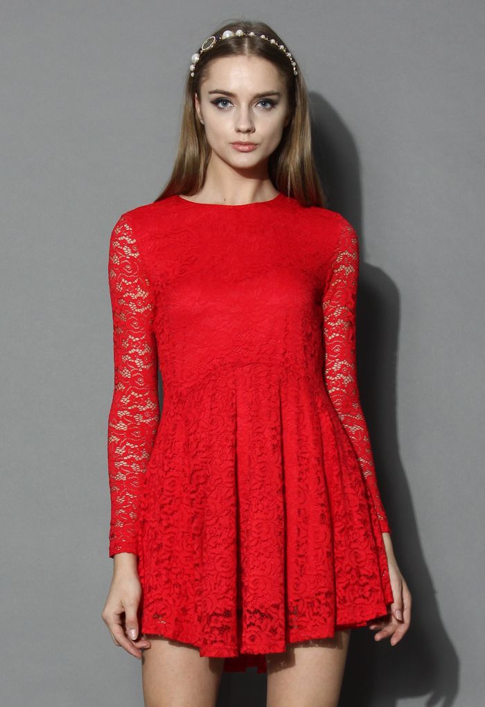 Charmant Robe Ombellée en Dentelle Florale Rouge