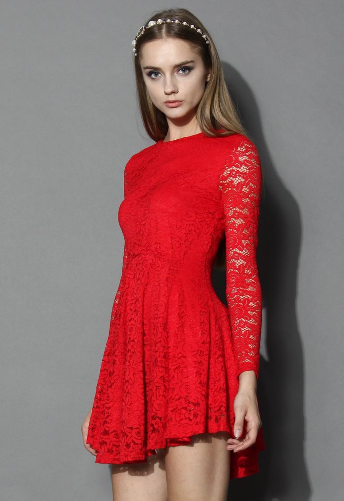 Charmant Robe Ombellée en Dentelle Florale Rouge