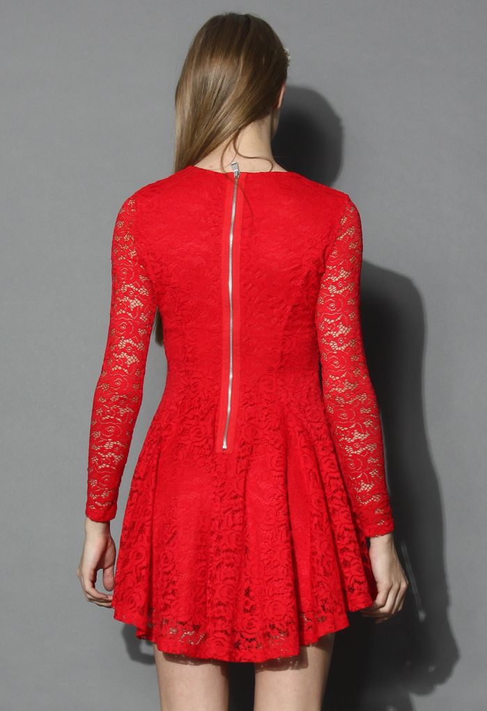 Charmant Robe Ombellée en Dentelle Florale Rouge