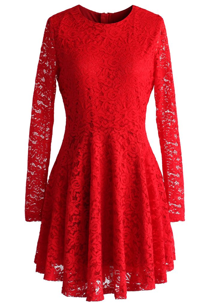 Charmant Robe Ombellée en Dentelle Florale Rouge