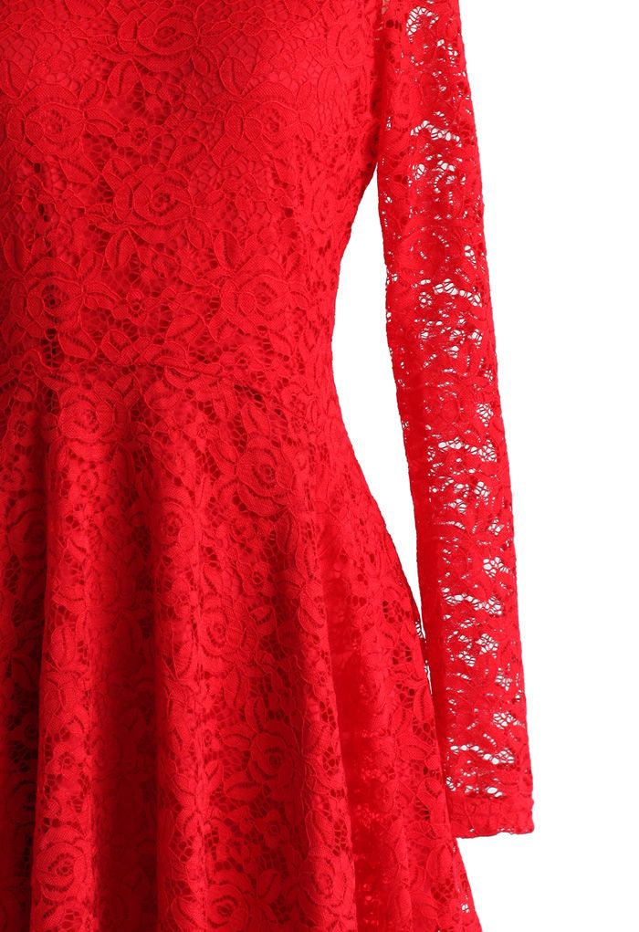 Charmant Robe Ombellée en Dentelle Florale Rouge