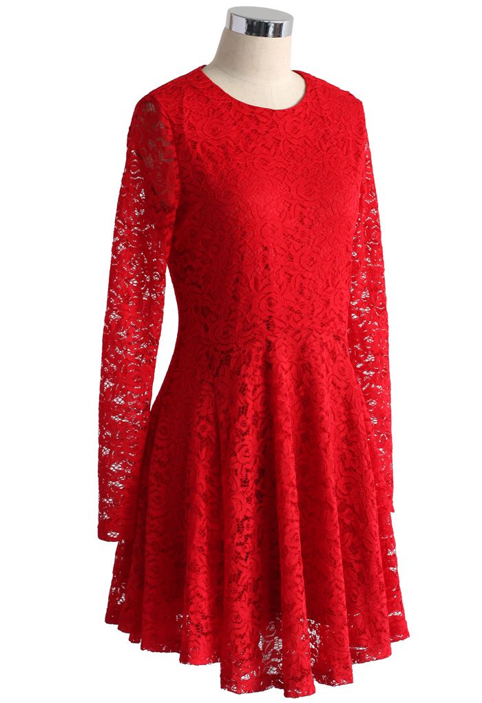 Charmant Robe Ombellée en Dentelle Florale Rouge