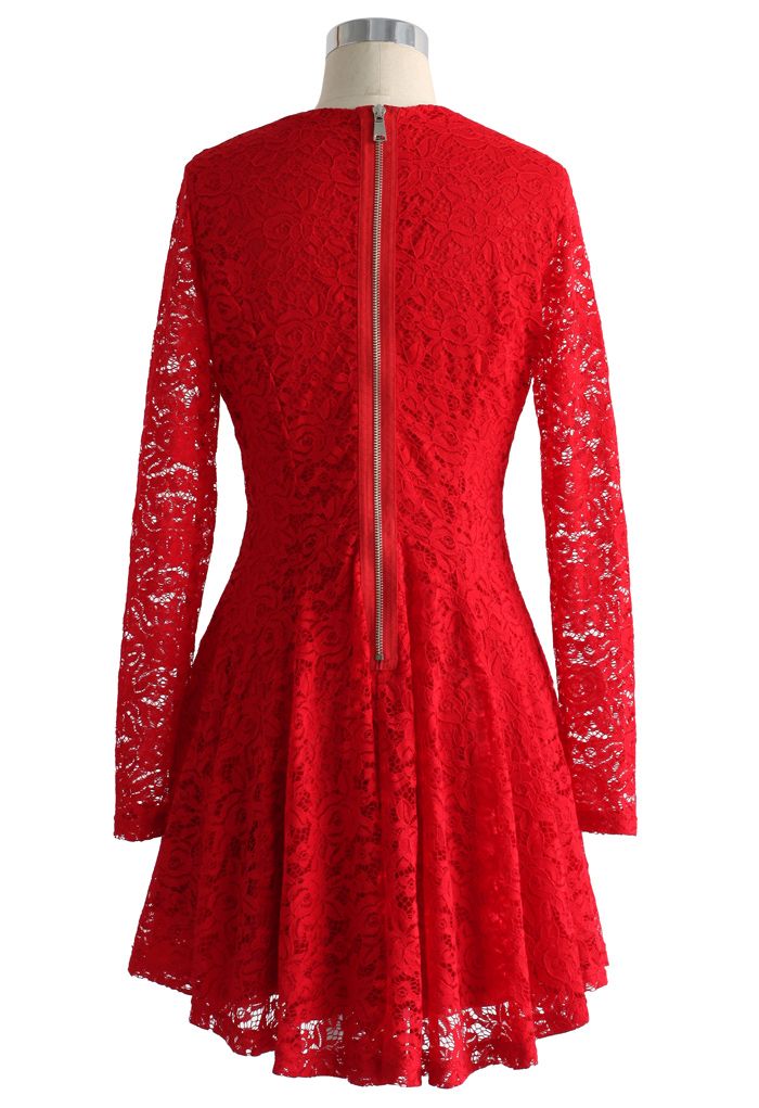 Charmant Robe Ombellée en Dentelle Florale Rouge