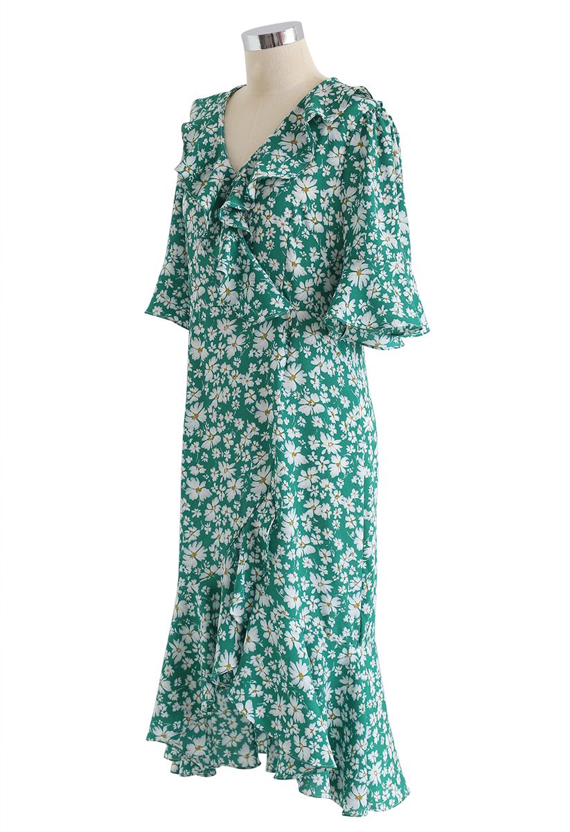 Dainty Fleuret Print Robe asymétrique à volants en vert