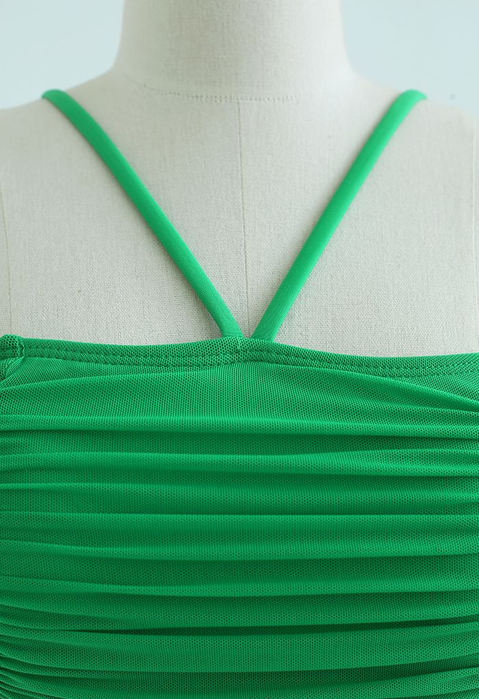 Ensemble de bikini à épaules dénudées en maille froncée en vert