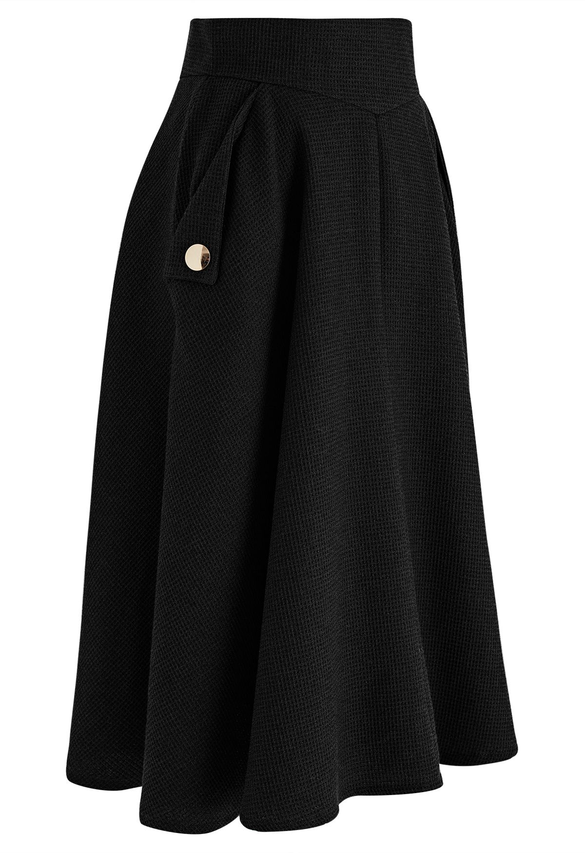 Jupe mi-longue trapèze texturée gaufrée en noir