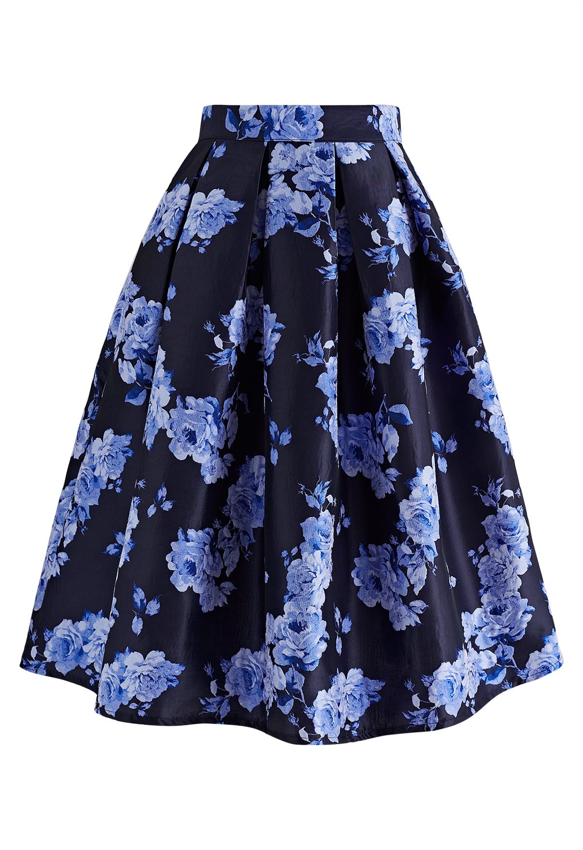 Jupe mi-longue plissée en jacquard pivoine bleue Midnight Blossom