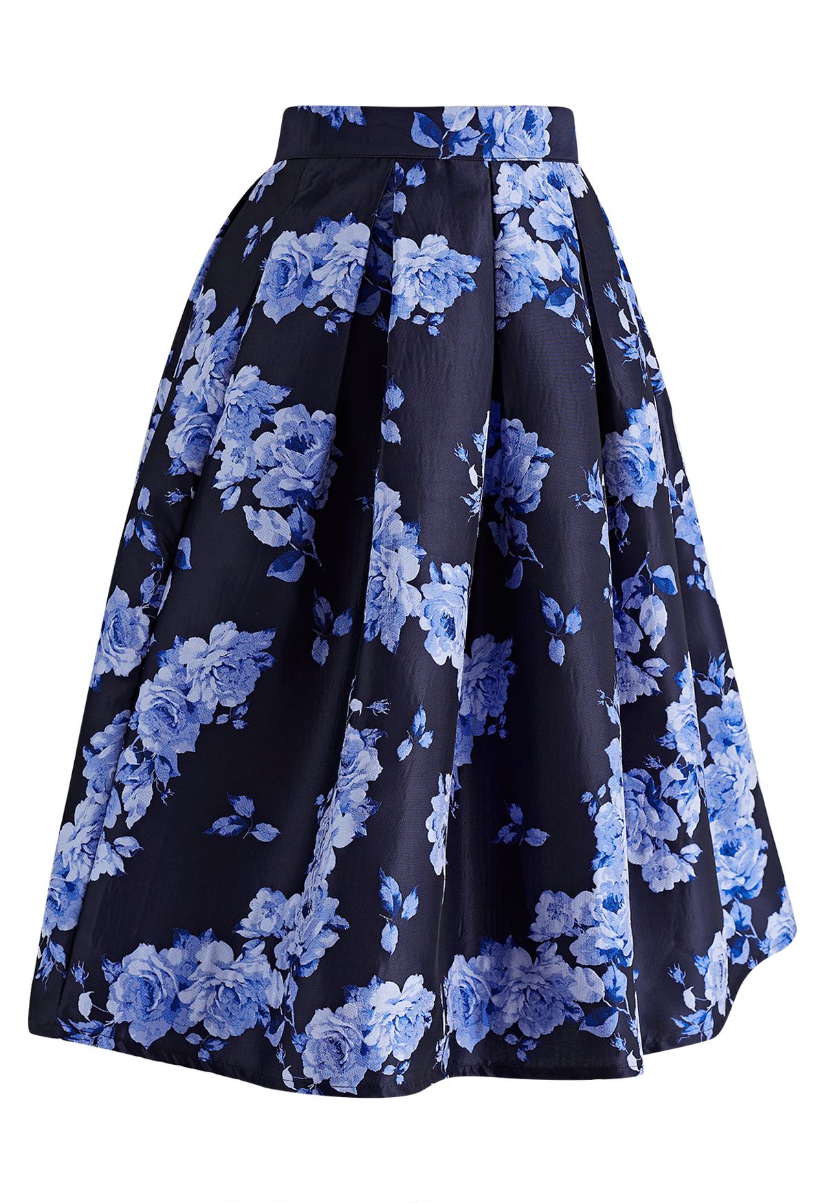 Jupe mi-longue plissée en jacquard pivoine bleue Midnight Blossom