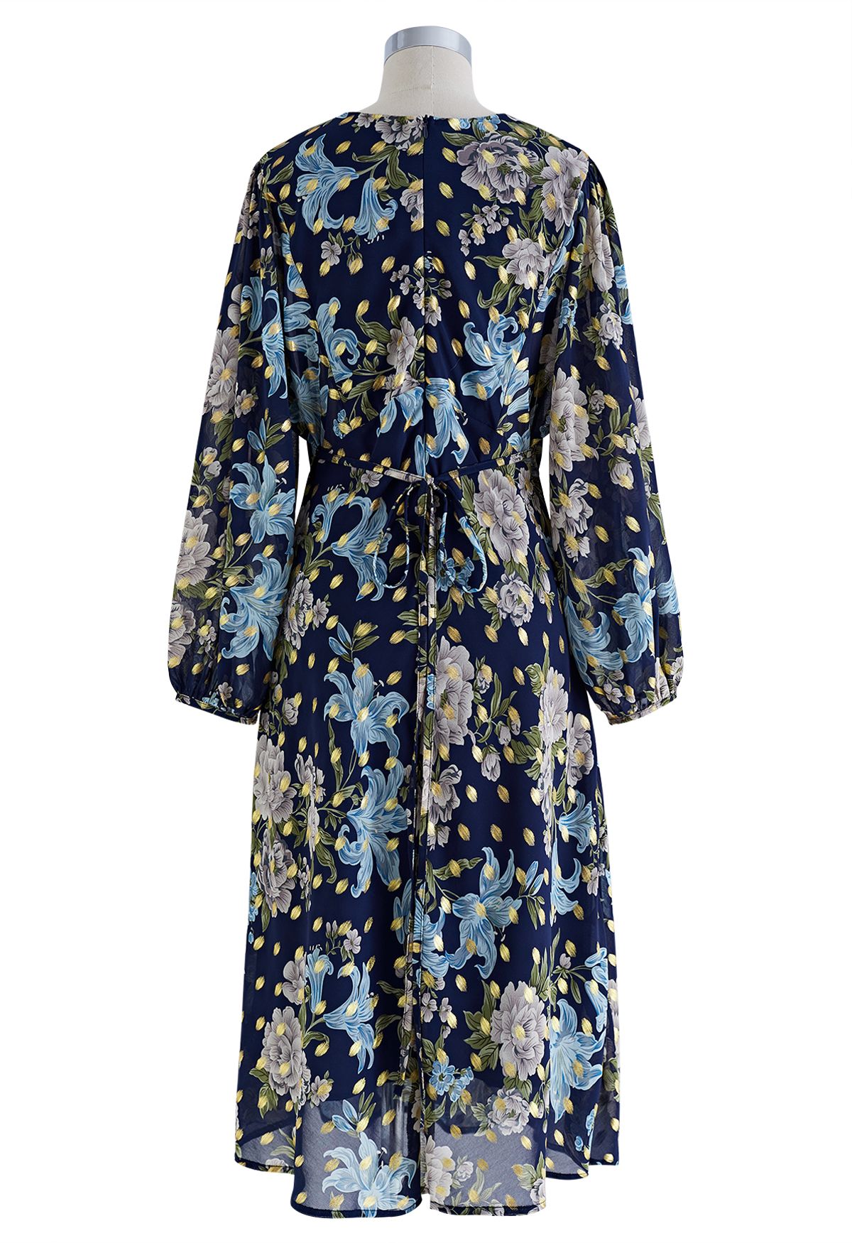 Robe mi-longue Floral to See avec pois dorés en bleu marine