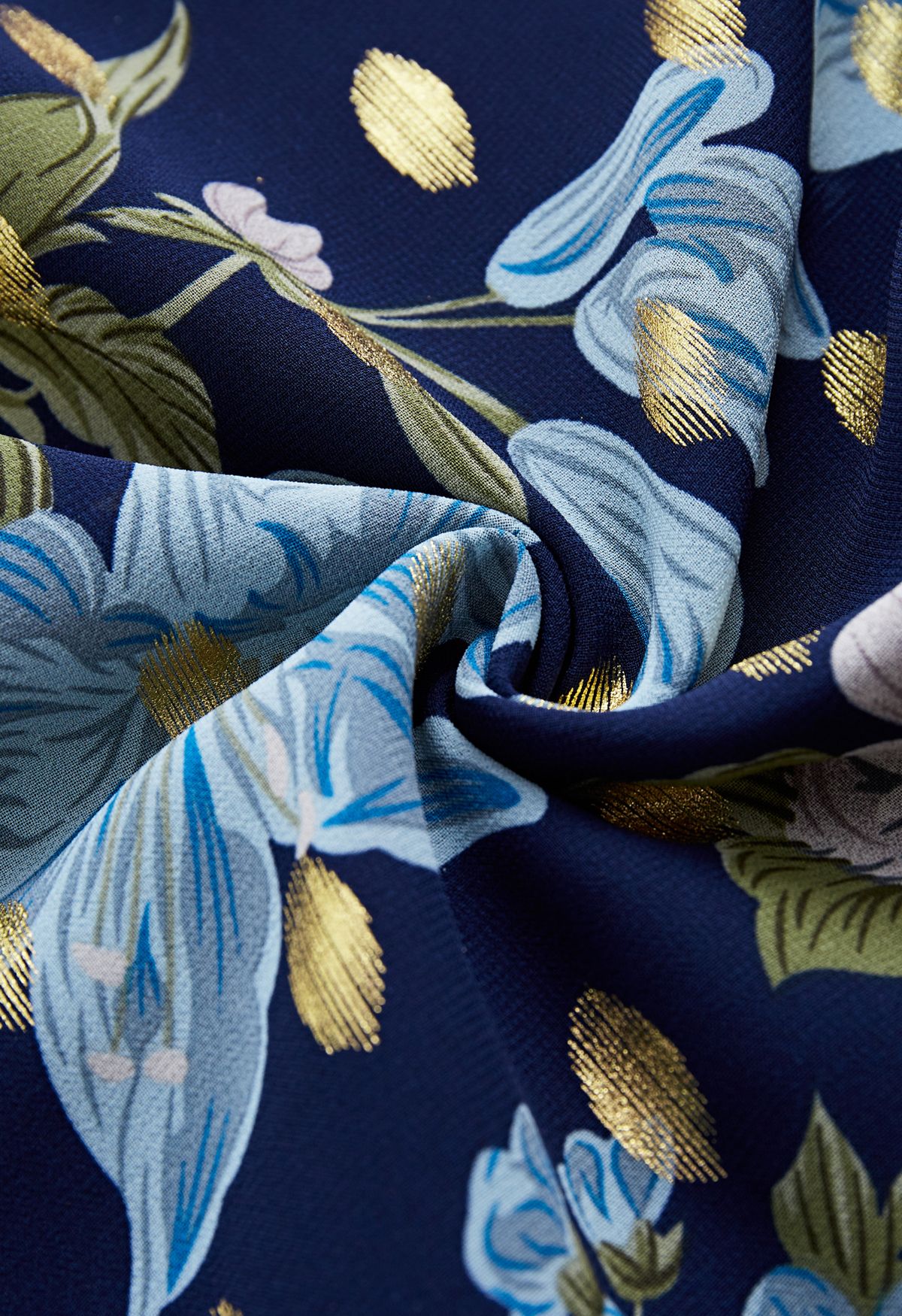 Robe mi-longue Floral to See avec pois dorés en bleu marine