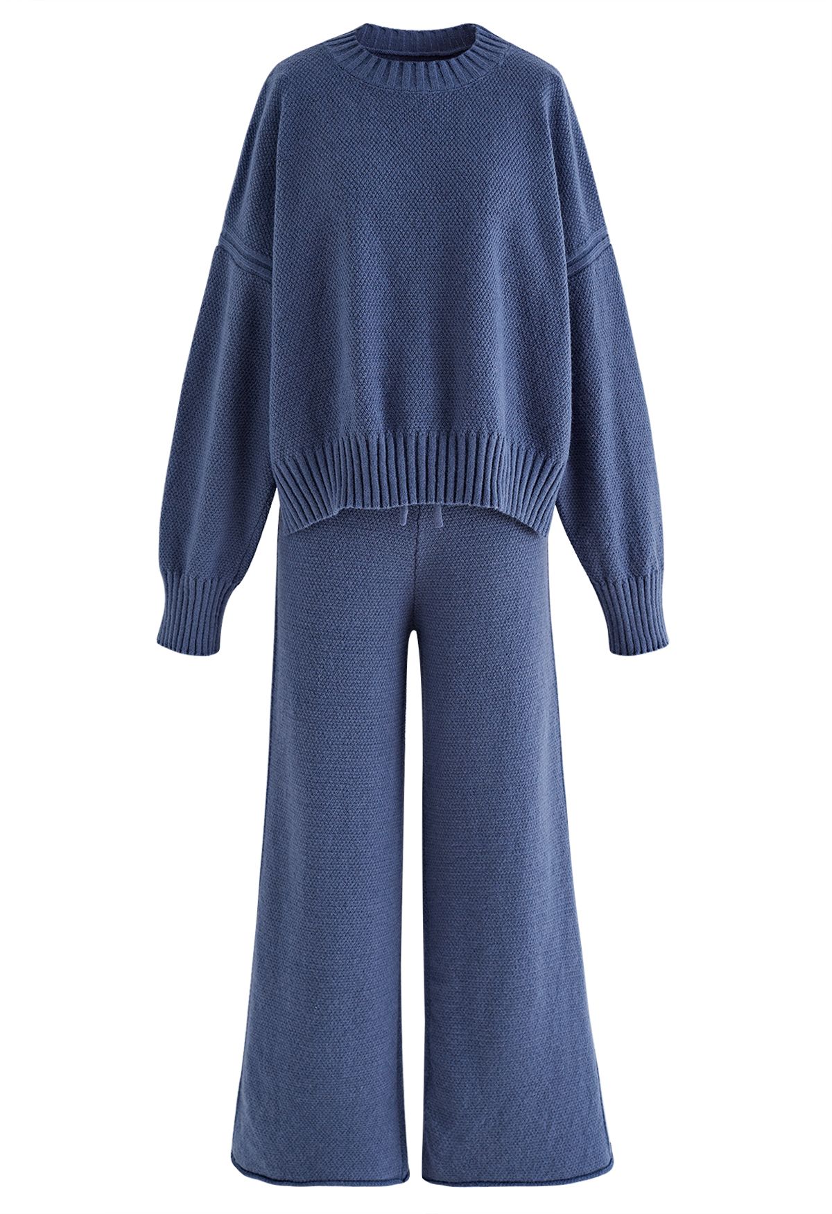 Ensemble chandail Hi-Lo en tricot gaufré et pantalon large en bleu