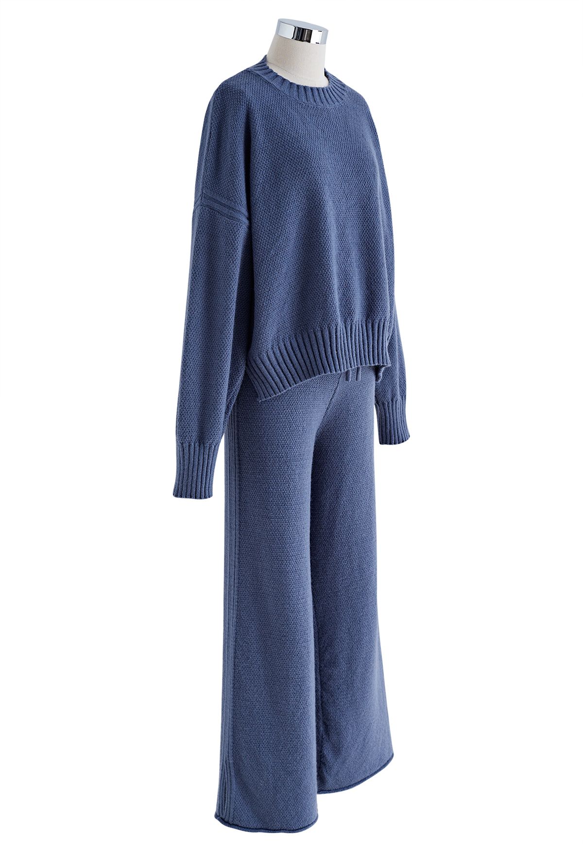 Ensemble chandail Hi-Lo en tricot gaufré et pantalon large en bleu