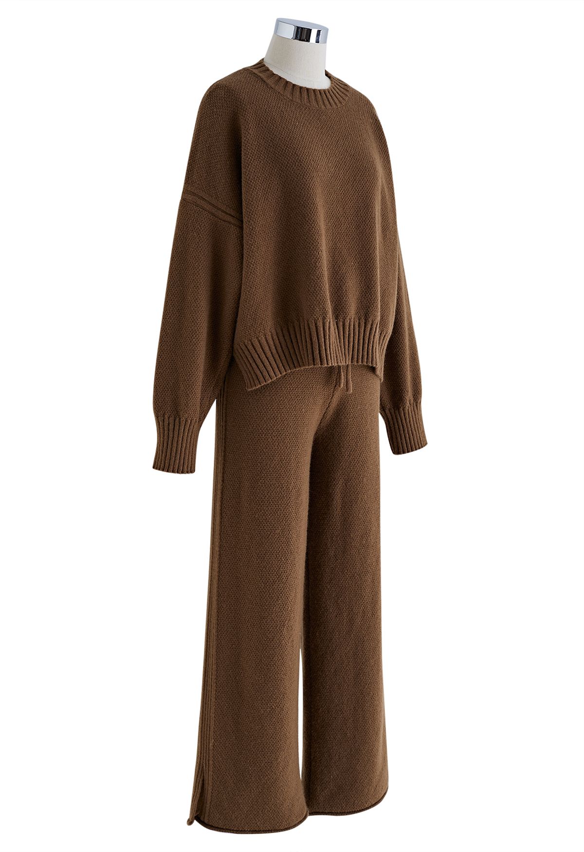 Ensemble chandail Hi-Lo en tricot gaufré et pantalon large en marron