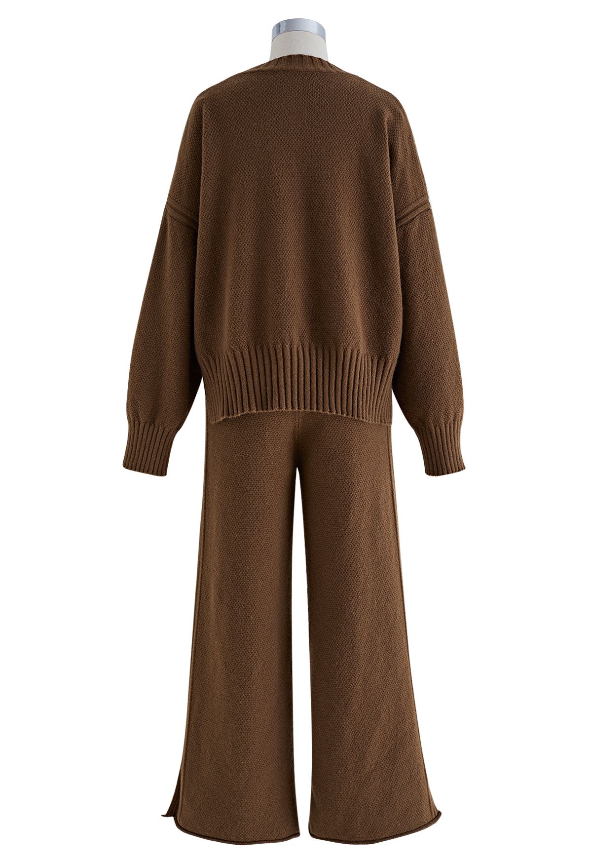 Ensemble chandail Hi-Lo en tricot gaufré et pantalon large en marron