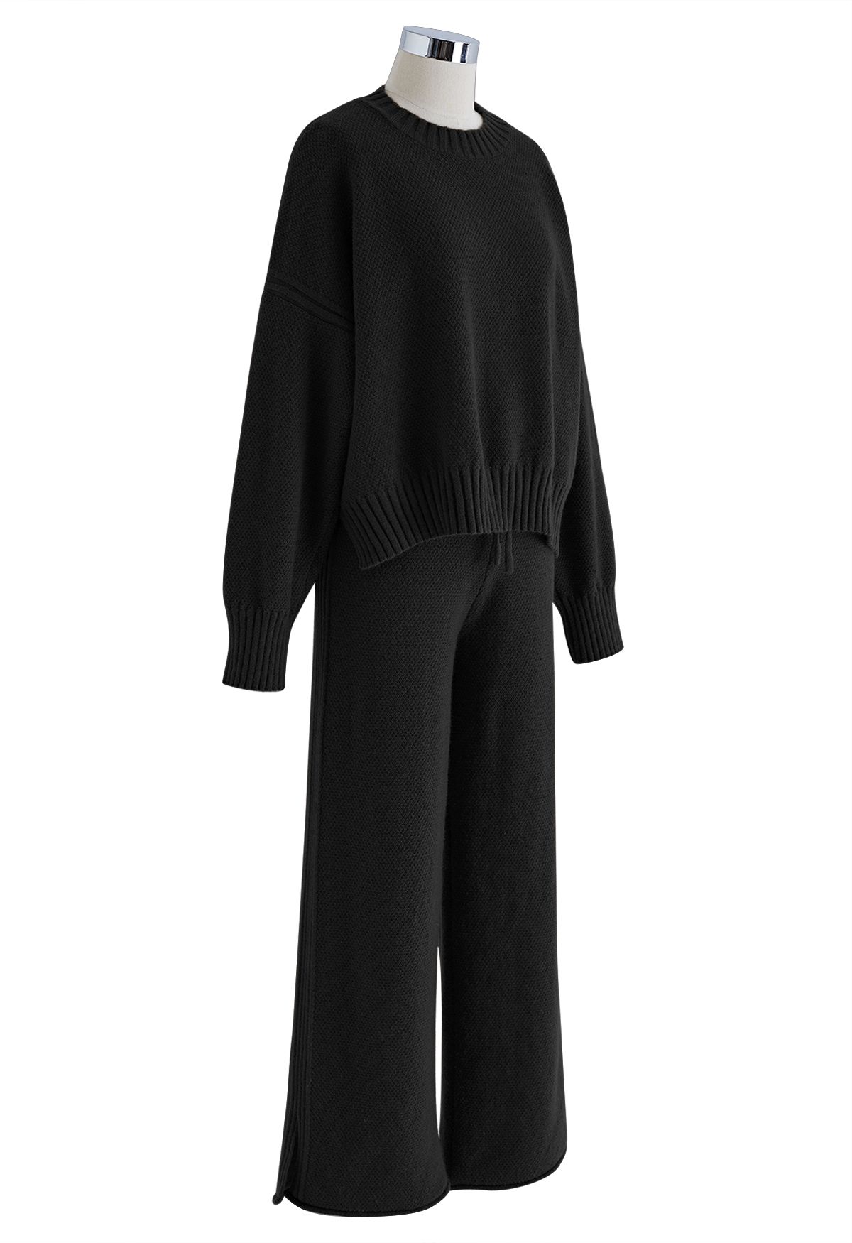 Ensemble chandail Hi-Lo en tricot gaufré et pantalon large en noir