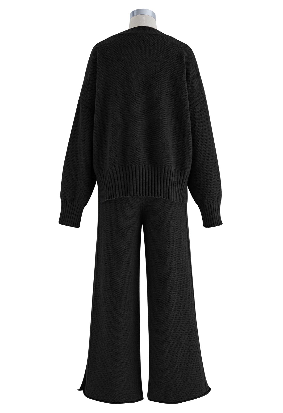 Ensemble chandail Hi-Lo en tricot gaufré et pantalon large en noir