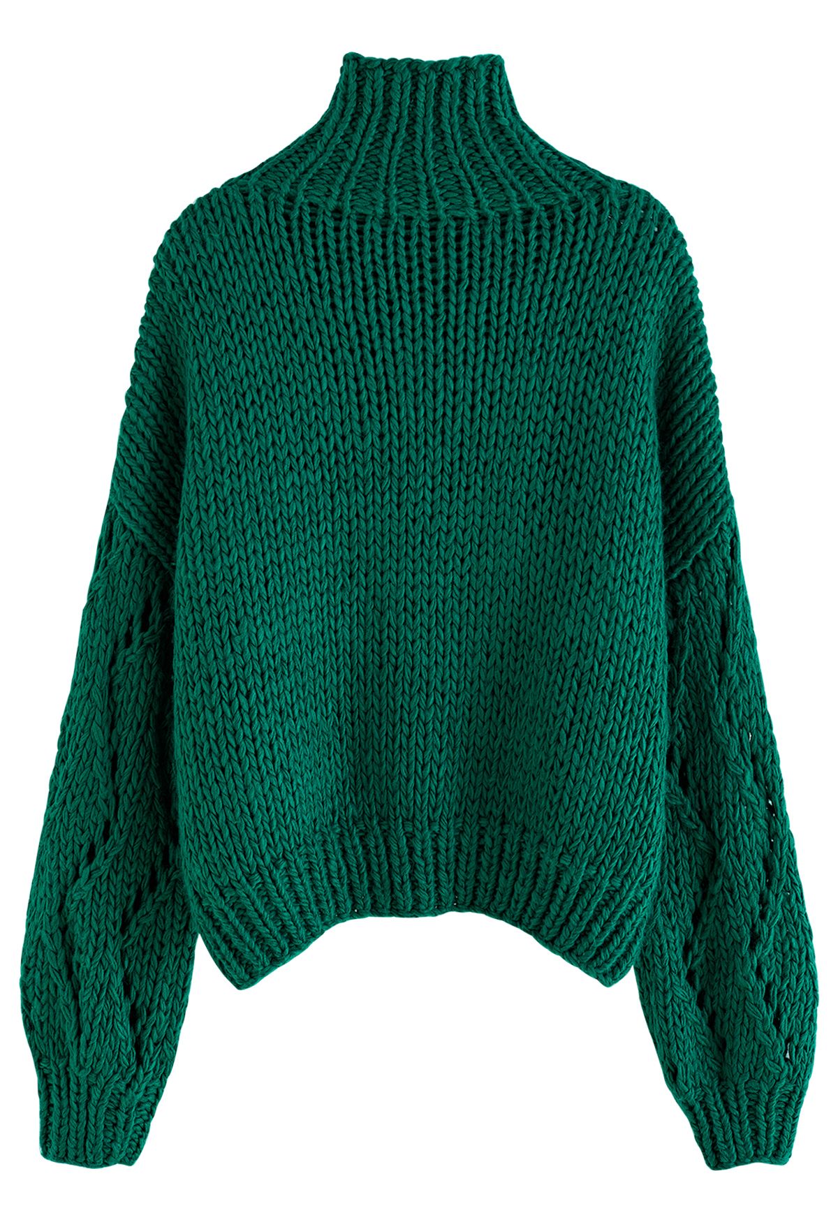 Pull tricoté à la main à manches pointelle et col haut en vert