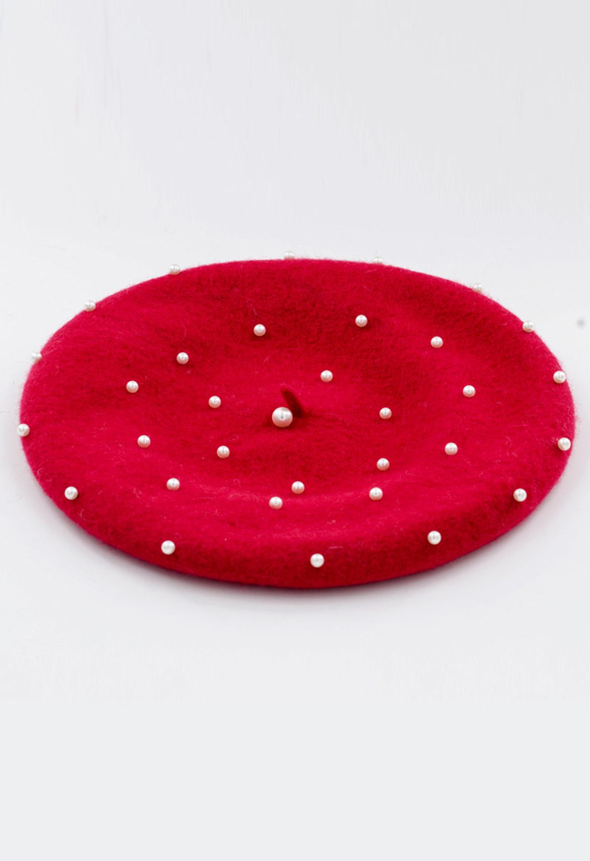 Chapeau béret fait main en laine mélangée perlée en rouge