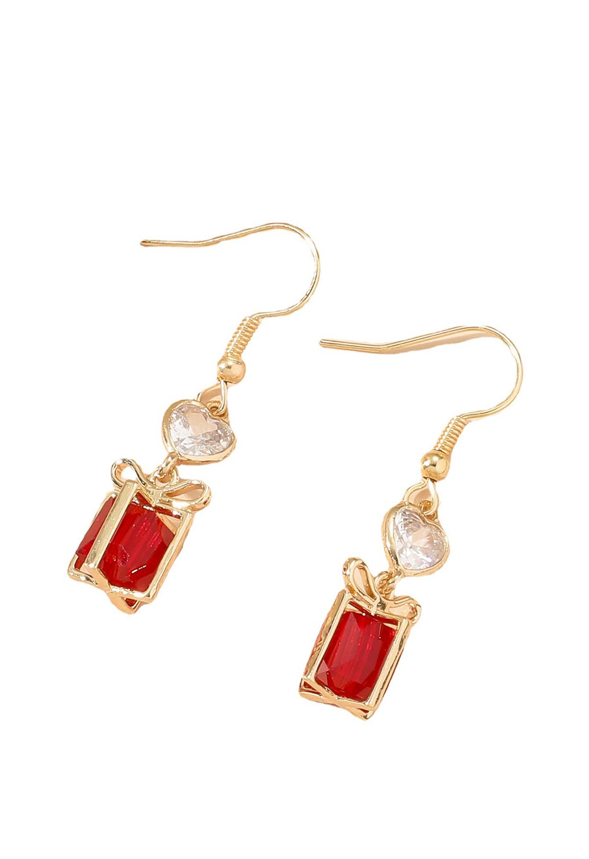 Boucles d'oreilles boîte-cadeau en cristal rouge avec garniture dorée