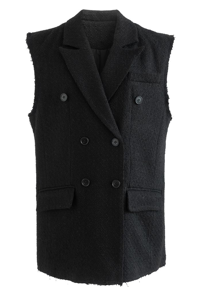 Gilet en tweed à double boutonnage avec poche à rabat en noir