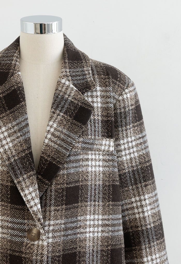 Manteau long marron en laine mélangée tartan