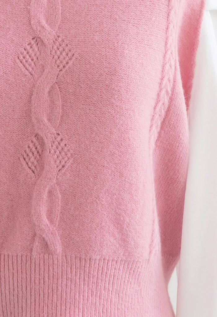 Haut en tricot tressé à manches bouffantes en rose