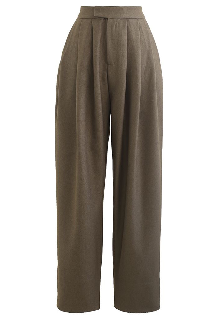 Pantalon large plissé en laine mélangée marron