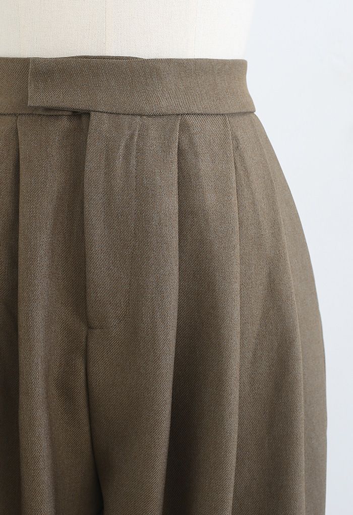 Pantalon large plissé en laine mélangée marron