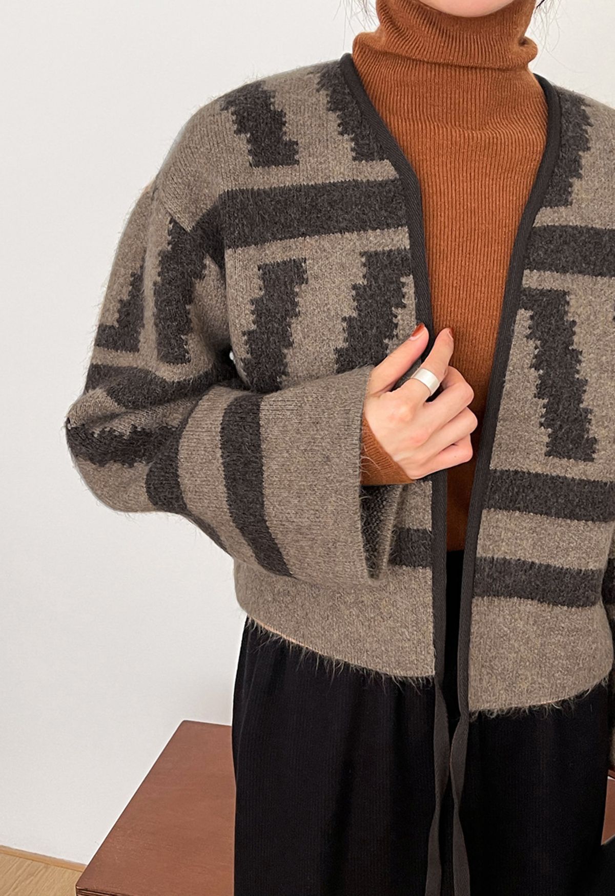 Cardigan en Tricot Rayé à Noeud Ouvert sur le Devant en Marron