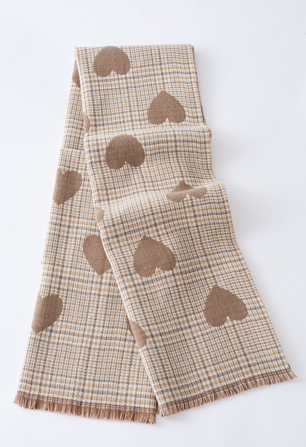 Écharpe à carreaux en forme de cœur avec bords à pampilles en camel