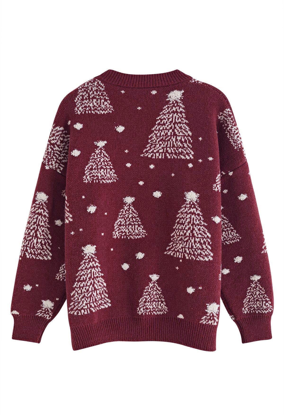 Pull en tricot jacquard à motif sapin de Noël en bordeaux